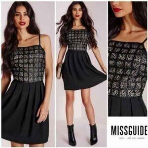 NWT Missguided Black Skater Dress with Lace and Faux Leather Trim US 10